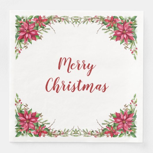 Serviette En Papier Aquarelle Rouge Poinsettia Fleur Noël (Devant)