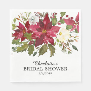 Serviette En Papier Aquarelle Rouge Poinsettia Holly Fête des mariées