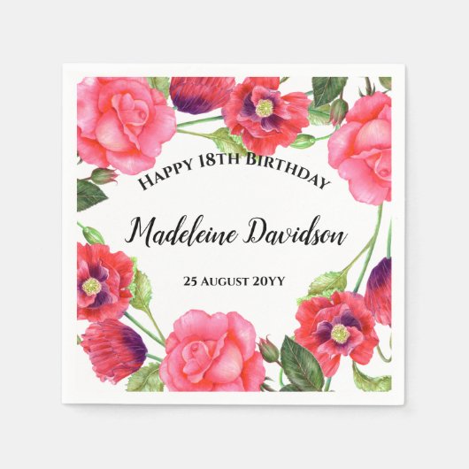 Serviette En Papier Aquarelle Rouge Poppies Rose rose Design de courro (Devant)