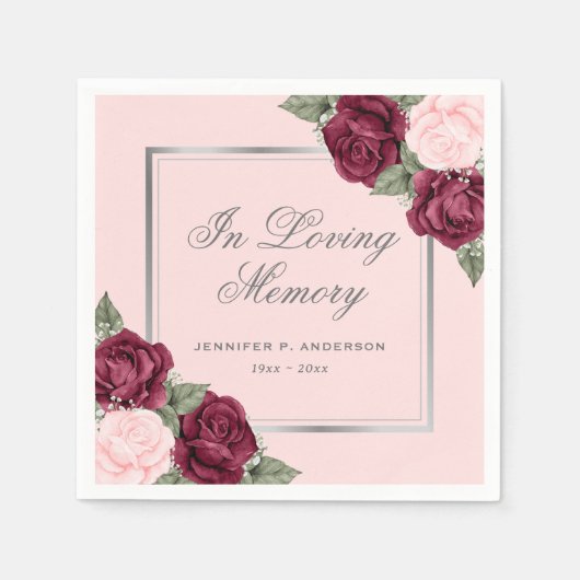 Serviette En Papier Aquarelle rouge rose argent couleur florale funéra (Devant)