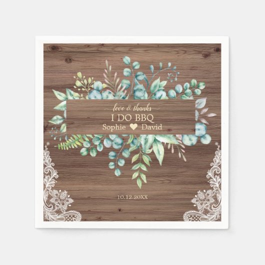 Serviette En Papier Aquarelle rustique Eucalyptus Dentelle Grange I DO (Devant)