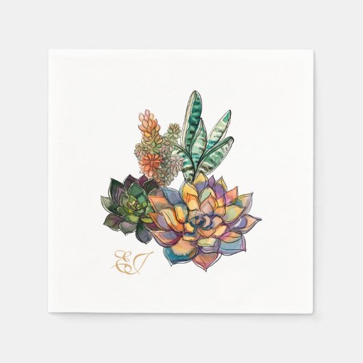 Serviette En Papier Aquarelle rustique Initiales succulentes (Devant)