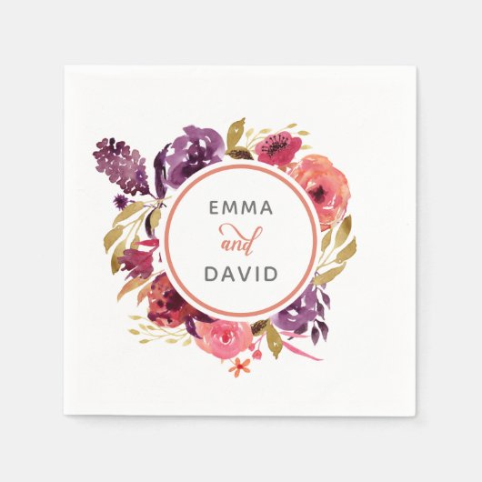 Serviette En Papier Aquarelle rustique Mariage floral rose et violet (Devant)