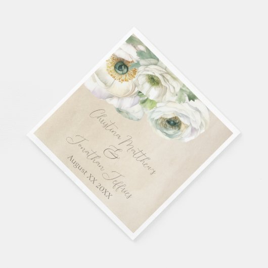 Serviette En Papier Aquarelle rustique Ranunculus blanc (Coin)