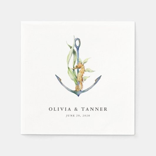 Serviette En Papier Aquarelle Seahorse et Ancre Mariage nautique (Devant)