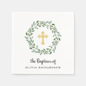 Serviette En Papier Aquarelle simple vert avec Croix d'or Baptême (Devant)