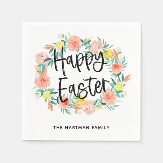 Serviette En Papier Aquarelle stylée Floral Wreath Joyeux Nom de Pâque (Devant)
