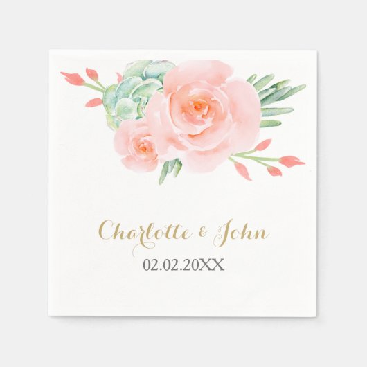 Serviette En Papier Aquarelle Succulent Blush Floral Élégant Mariage (Devant)