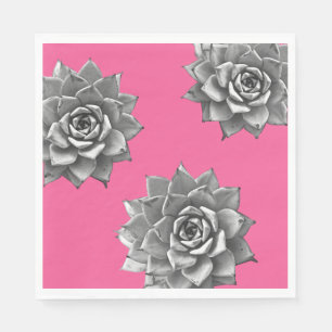 Serviette En Papier Aquarelle Succulente Gris sur rose chaud