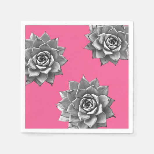 Serviette En Papier Aquarelle Succulente Gris sur rose chaud (Devant)