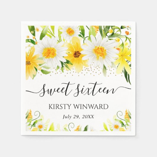Serviette En Papier Aquarelle Sweet sixteen & Fleurs Jaunes (Devant)