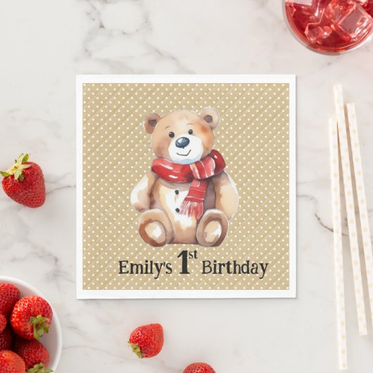 Serviette En Papier Aquarelle Teddy Bear 1er anniversaire (En situation)