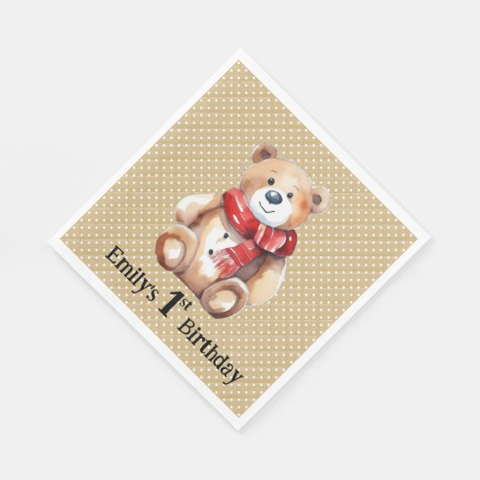 Serviette En Papier Aquarelle Teddy Bear 1er anniversaire (Coin)