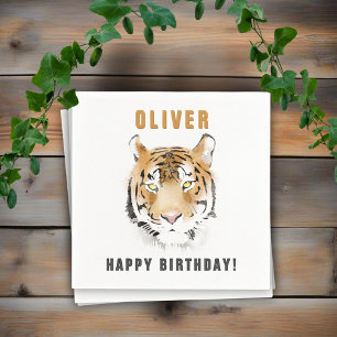 Serviette En Papier Aquarelle Tiger Head Nom de l'anniversaire