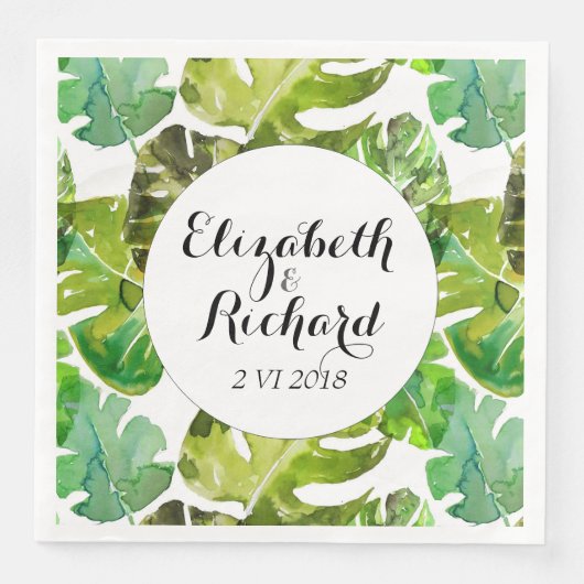 Serviette En Papier Aquarelle Tropical Feuille mariage monogramme (Devant)
