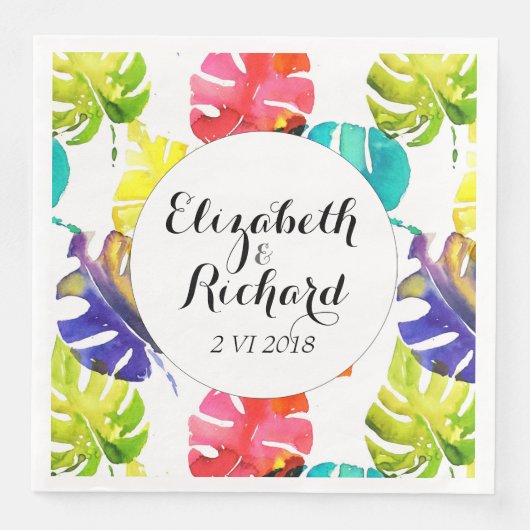 Serviette En Papier Aquarelle Tropical Feuille mariage monogramme (Devant)