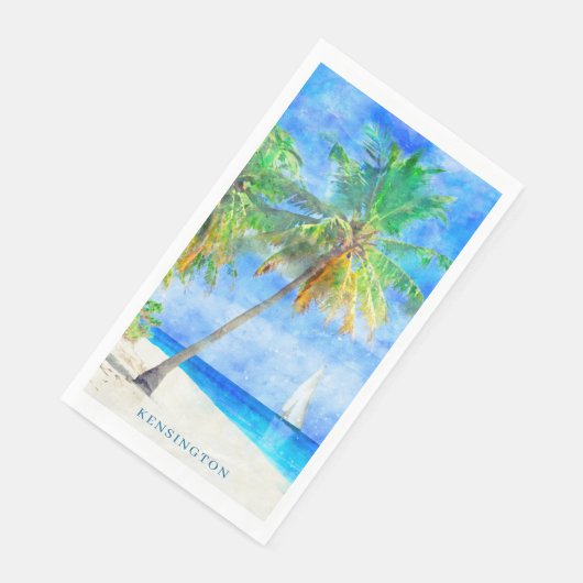 Serviette En Papier Aquarelle Tropical Island Beach Palm Tree (Coin)