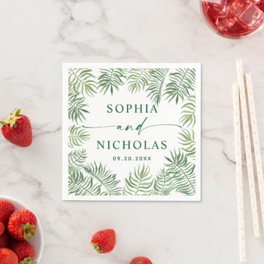 Serviette En Papier Aquarelle tropicale palme script mariage (En situation)