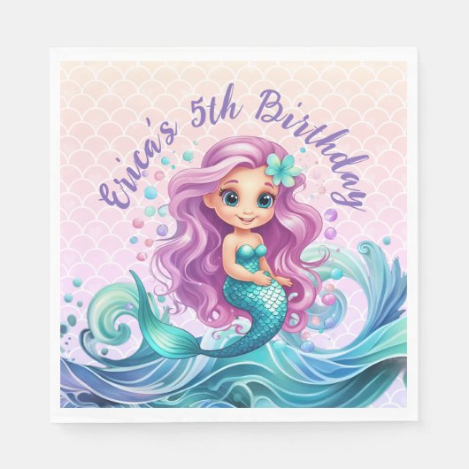 Serviette En Papier Aquarelle Turquoise pourpre de petite sirène Anniv (Devant)