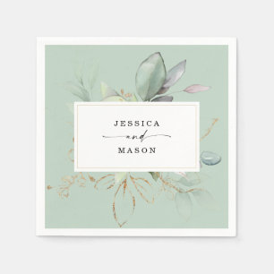 Serviette En Papier Aquarelle Verdure avec Sage et Mariage Or Nap