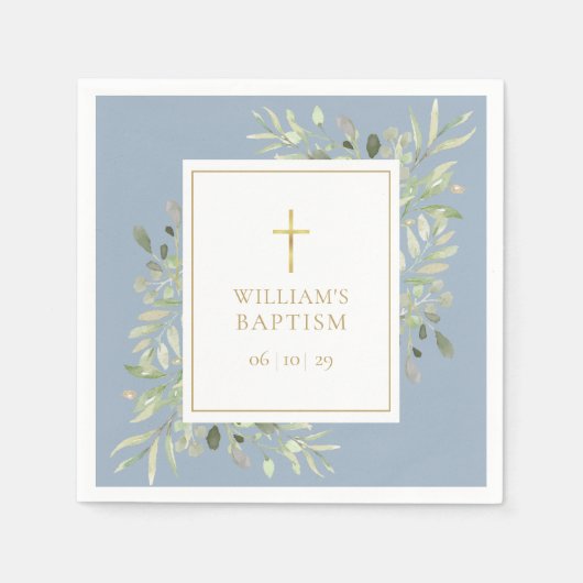 Serviette En Papier Aquarelle Verdure Baptême Baptême Bleu Dusty (Devant)