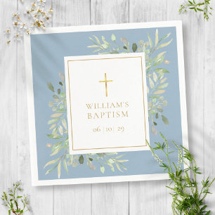 Serviette En Papier Aquarelle Verdure Baptême Christening Bleu Poussié