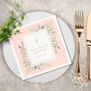 Serviette En Papier Aquarelle Verdure Baptême Christening Rose Pâle