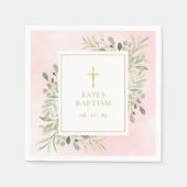 Serviette En Papier Aquarelle Verdure Baptême rose Christening (Devant)