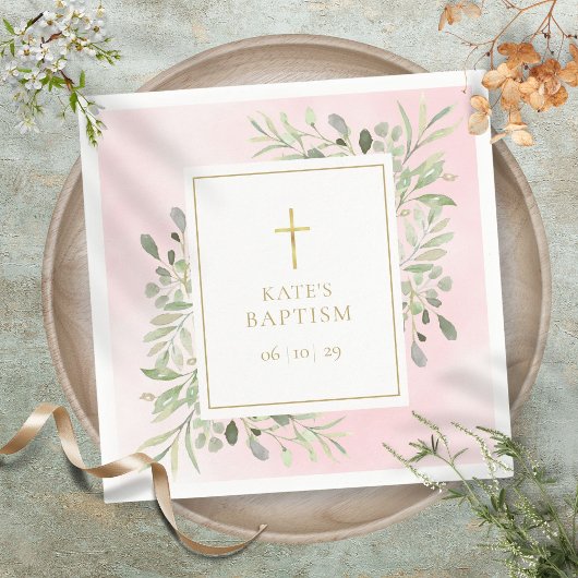 Serviette En Papier Aquarelle Verdure Baptême rose Christening