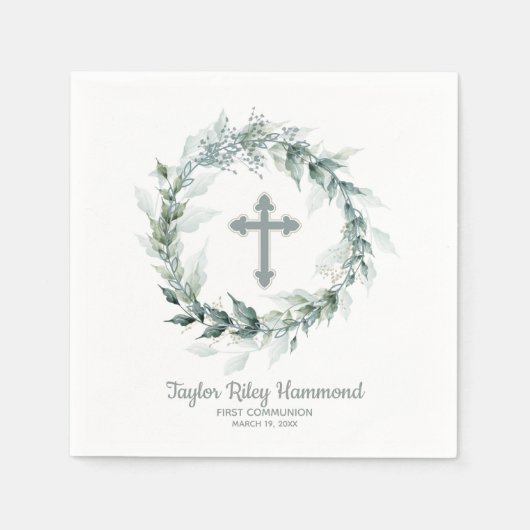 Serviette En Papier Aquarelle Verdure Croix première communion serviet (Devant)