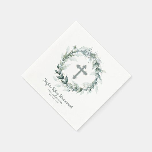 Serviette En Papier Aquarelle Verdure Croix première communion serviet (Coin)