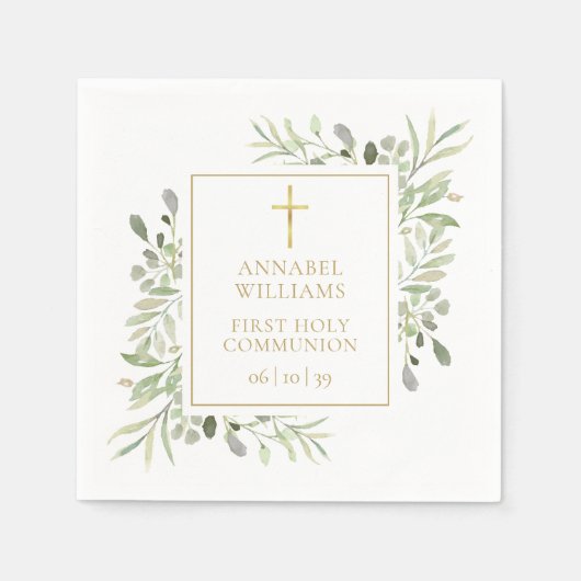 Serviette En Papier Aquarelle Verdure Floral Première Communion sainte (Devant)
