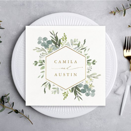 Serviette En Papier Aquarelle Verdure or Script Hexagon Mariage