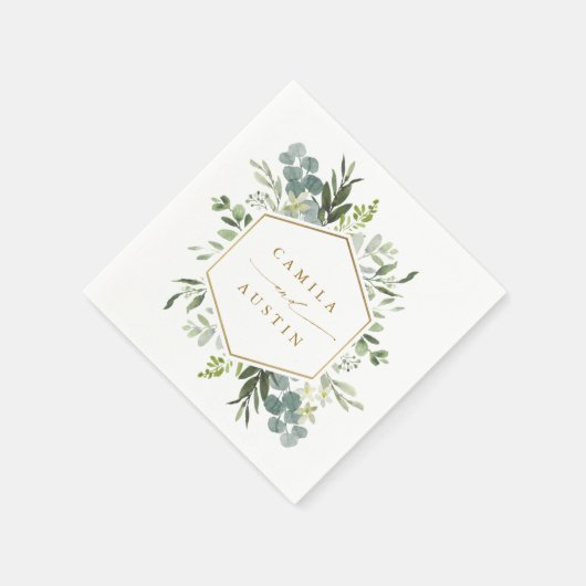 Serviette En Papier Aquarelle Verdure or Script Hexagon Mariage (Coin)