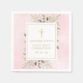 Serviette En Papier Aquarelle Verdure Rose Première sainte communion (Devant)