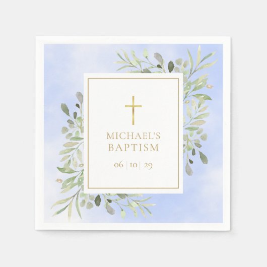 Serviette En Papier Aquarelle Vert Baptême Bleu Baptême Baptême Baptêm (Devant)