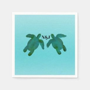 Serviette En Papier Aquarelle Vert Bleu 2 Tortues de Mer Océan Mariage
