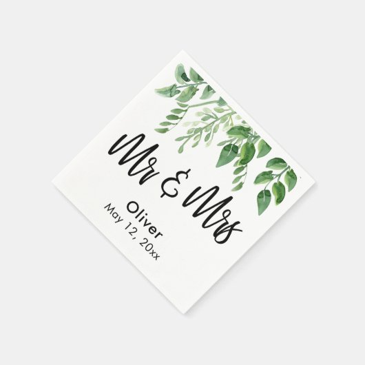 Serviette En Papier Aquarelle vert écriture manuscrite M & Mme (Coin)