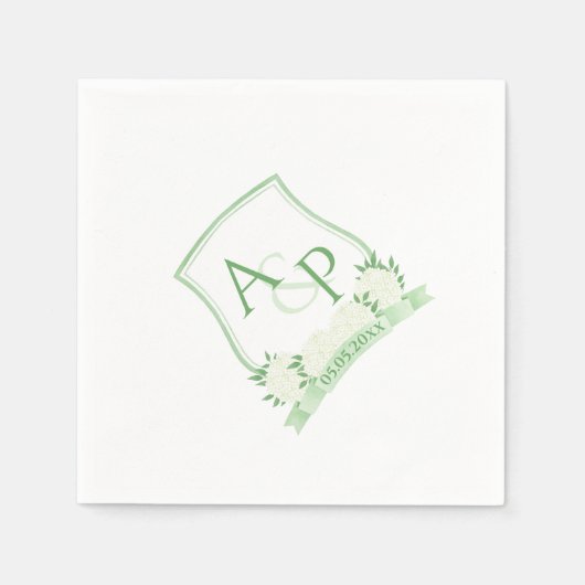 Serviette En Papier Aquarelle Vert Et Blanc Hydrangea Mariage Crest (Devant)