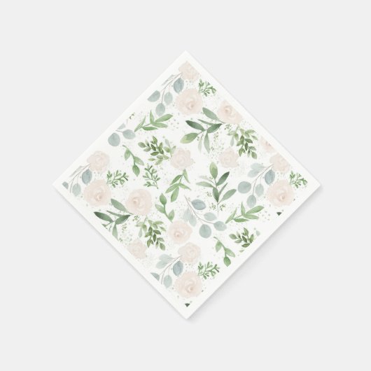 Serviette En Papier Aquarelle vert et fleurs blanches Motif (Coin)