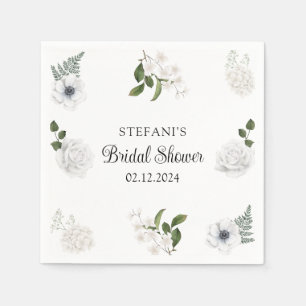 Serviette En Papier Aquarelle Vert et Fleurs blanches Personnalisées