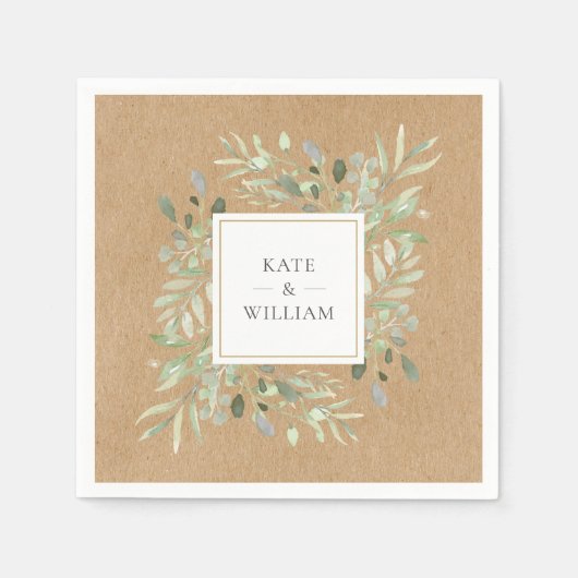 Serviette En Papier Aquarelle vert Feuille Rustique Mariage Kraft (Devant)