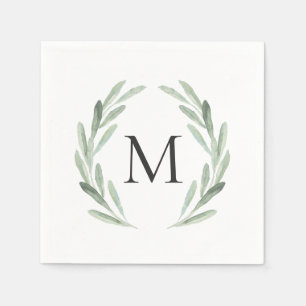 Serviette En Papier Aquarelle Vert Olive Branche Monogramme de la cour