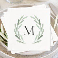 Aquarelle Vert Olive Branche Monogramme de la cour