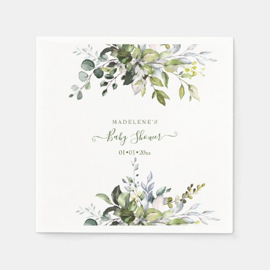 Serviette En Papier Aquarelle verte, Baby shower Eucalyptus (Devant)