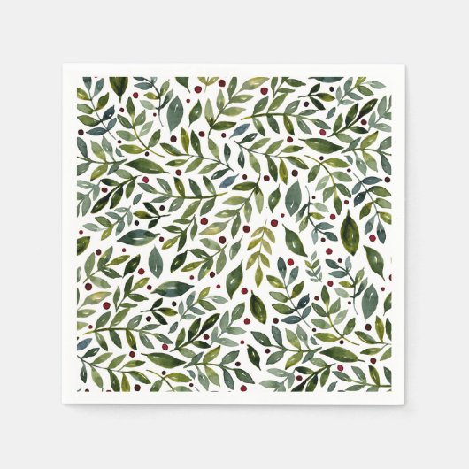 Serviette En Papier Aquarelle verte branches saisonnières et baies (Devant)