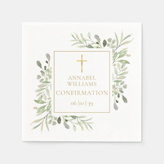 Serviette En Papier Aquarelle verte Floral Gold Confirmation (Devant)