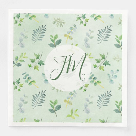 Serviette En Papier Aquarelle verte Motif Monogramme Mariage (Devant)