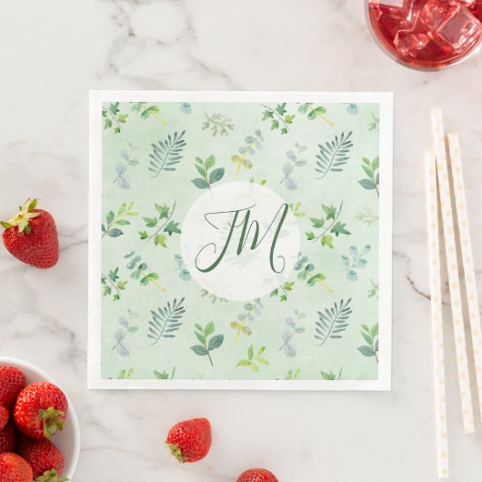 Serviette En Papier Aquarelle verte Motif Monogramme Mariage (En situation)