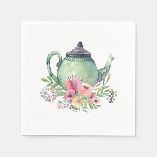 Serviette En Papier Aquarelle verte théière et florale (Devant)